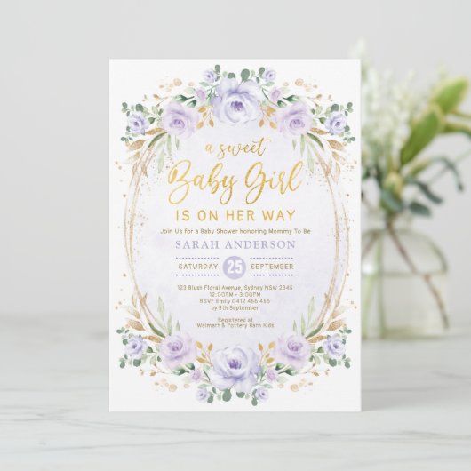 Lavender Paars Gold Floral Baby Girl Shower Kaart (Staand voorkant)