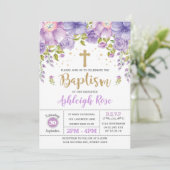 Lavender Paars Gold Floral Girl Baptisme Kaart (Staand voorkant)