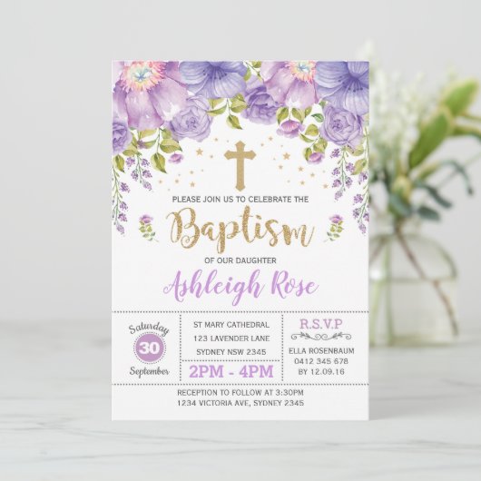 Lavender Paars Gold Floral Girl Baptisme Kaart (Staand voorkant)