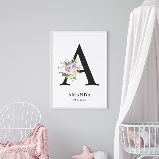 Lavender Paars Letter 'A' Nursery Name Wall Art Poster