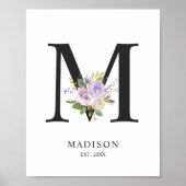 Lavender Paars Letter 'M' Nursery Name Wall Art Poster (Voorkant)
