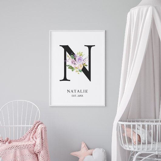 Lavender Paars Letter 'N' Nursery Name Wall Art Poster
