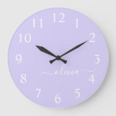 Lavender Paars Modern Script Girly Monogram Naam Grote Klok (Voorkant)