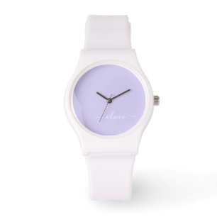 Lavender Paars Modern Script Girly Monogram Naam Horloge