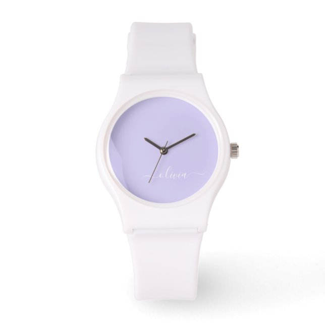 Lavender Paars Modern Script Girly Monogram Naam Horloge (Voorkant)