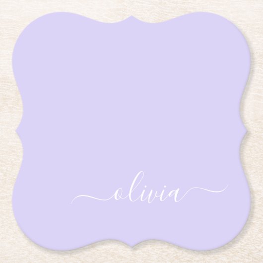 Lavender Paars Modern Script Girly Monogram Naam Kartonnen Onderzetters (Voorkant)