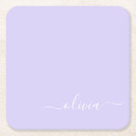 Lavender Paars Modern Script Girly Monogram Naam Kartonnen Onderzetters<br><div class="desc">De Paarse Eenvoudige Onderzetters van het Manuscript van de Lavender de Naam van het Monogram Papier. Dit maakt het perfecte afstuderen,  de verjaardag,  de bruiloft,  het vrijgezellenfeest,  de verjaardag,  het baby shower of het bachelorette feest cadeau voor iemand die van glam luxe en chic stijlen houdt.</div>
