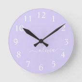 Lavender Paars Modern Script Girly Monogram Naam Ronde Klok (Voorkant)