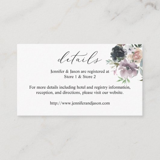 Lavender Paars, Navy Blush Pink Floral Details SM Informatiekaartje (Voorkant)