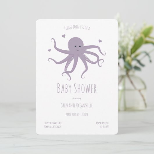 Lavender Paars Octopus Hearts Cartoon Baby shower Kaart (Staand voorkant)