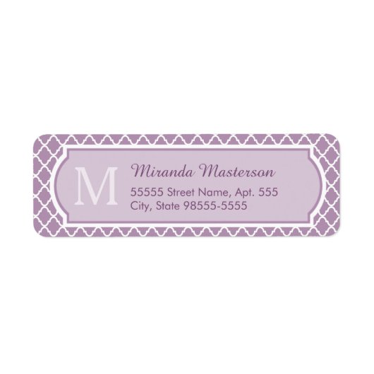 Lavender Paars Quatrefoil Monogramnaam Etiket (Voorkant)