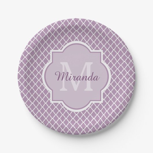  Lavender Paars Quatrefoil Monogramnaam Papieren Bordje (Voorkant)