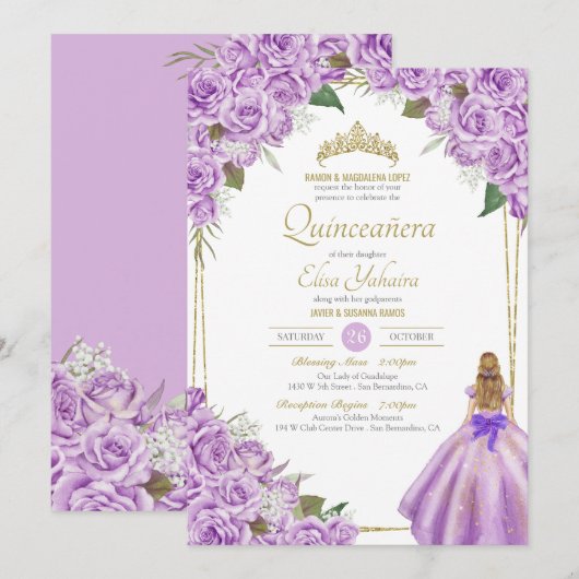 Lavender Paars Quinceanera Elegant Roos Floral Kaart (Voorkant / Achterkant)