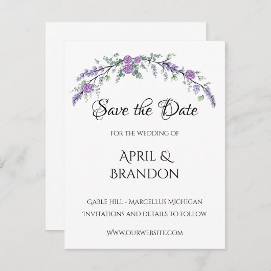 Lavender Paars Roos en Eucalyptus Save The Date (Voorkant / Achterkant)