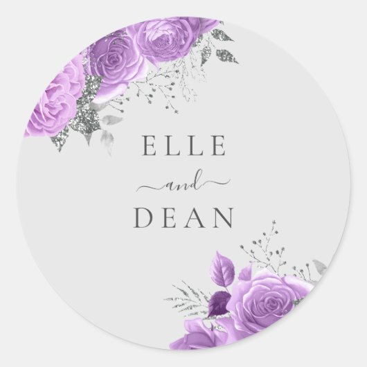 Lavender Paars & Silver Floral Elegant Wedding Ronde Sticker (Voorkant)
