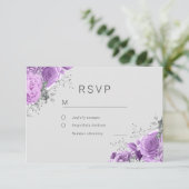 Lavender Paars & Silver Floral Elegant Wedding RSVP Kaartje (Staand voorkant)