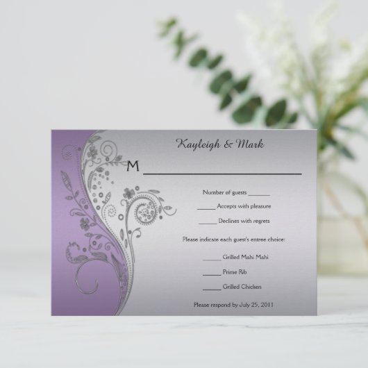 Lavender Paars Silver Floral RSVP (Staand voorkant)