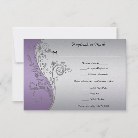  Lavender Paars Silver Floral RSVP Kaartje (Voorkant)