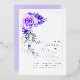 Lavender Paars & Silver Foil Floral Boho Wedding Folie Uitnodiging