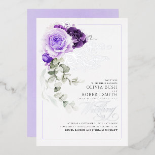 Lavender Paars & Silver Foil Floral Boho Wedding Folie Uitnodiging