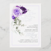 Lavender Paars & Silver Foil Floral Boho Wedding Folie Uitnodiging (Voorkant)