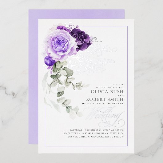 Lavender Paars & Silver Foil Floral Boho Wedding Folie Uitnodiging (Voorkant / Achterkant)