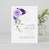 Lavender Paars & Silver Foil Floral Boho Wedding Folie Uitnodiging (Staand Voorkant)