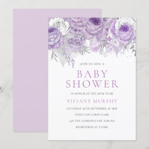Lavender Paars Sparkle Floral Baby shower Kaart