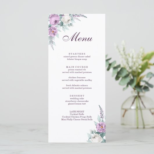 Lavender Paars Wedding Menu Kaart (Staand voorkant)