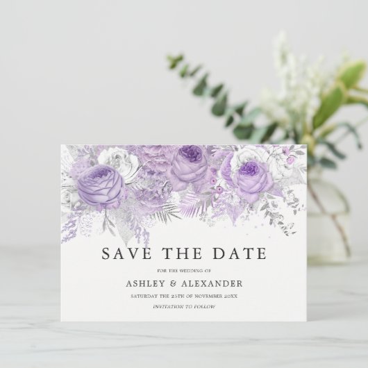 Lavender Paars White Silver Flower Save the Date (Staand voorkant)