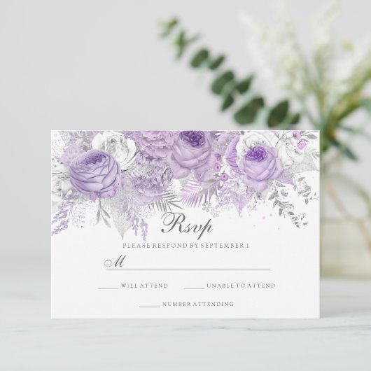 Lavender Paars White Silver Flower Wedding RSVP Kaartje (Staand voorkant)