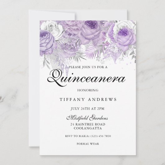 Lavender Paars White Silver Flowers Quinceanera Kaart (Voorkant)