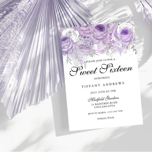 Lavender Paars White Silver Flowers Sweet 16 Kaart