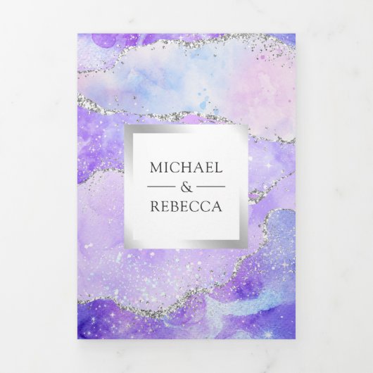 Lavender Paarse Agate Marble QR Code Weddenschap Drieluik Uitnodiging (Cover)