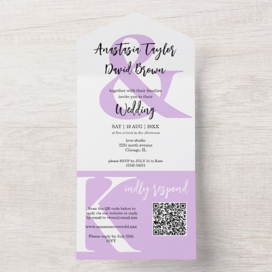 Lavender Paarse Ampersand QR Code All In One Uitnodiging (Binnen)