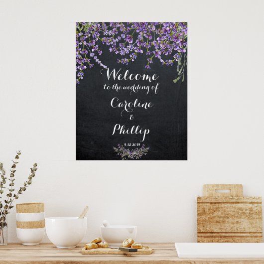 Lavender paarse bloemetjesbruiloft welkomstbord poster (Keuken)