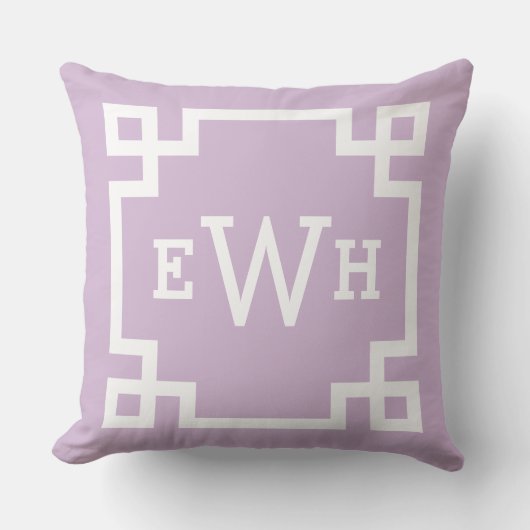 Lavender Paarse Custom Greek Key Monogram Initiale Kussen (Voorkant)