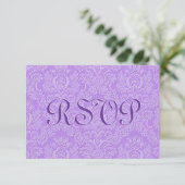 Lavender Paarse Custom RSVP Damask Wedding V044 Kaartje (Staand voorkant)