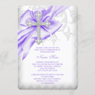 Lavender Paarse Damask Cross First Communie Kaart
