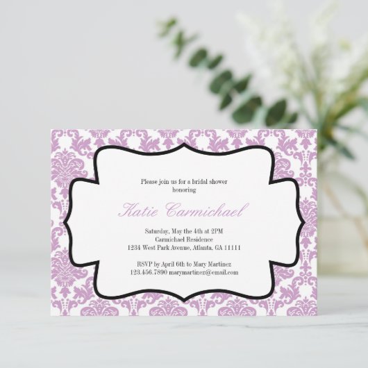 Lavender Paarse Damask Uitnodiging (Staand voorkant)