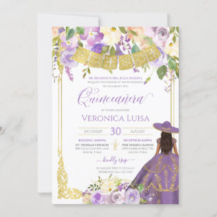 Lavender Paarse Floral & Gold Charro Quinceanera Kaart