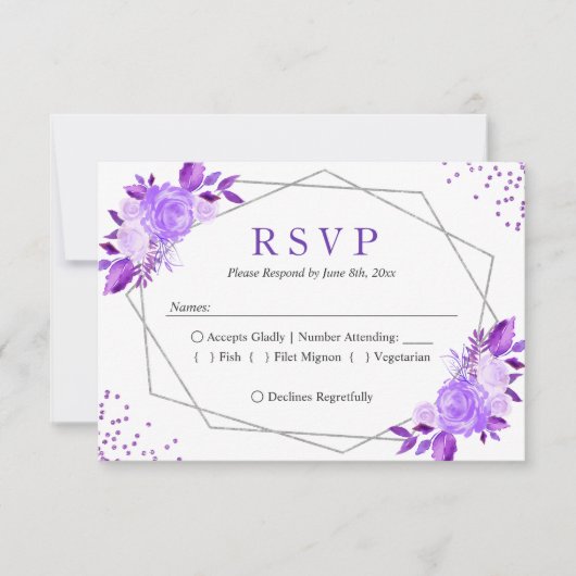 Lavender Paarse Floral Grey Lijst Wedding RSVP (Voorkant)