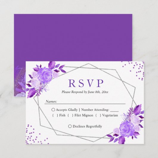 Lavender Paarse Floral Grey Lijst Wedding RSVP (Voorkant / Achterkant)