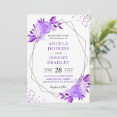 Lavender Paarse Floral Modern Silver Lijst Wedding Kaart (Staand voorkant)