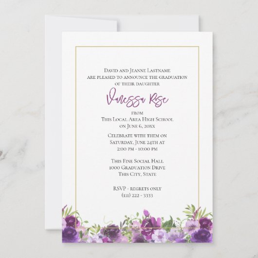 Lavender Paarse Floral Waterverf Afstuderen Uitnod Kaart (Achterkant)
