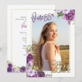 Lavender Paarse Floral Waterverf Afstuderen Uitnod Kaart (Voorkant / Achterkant)