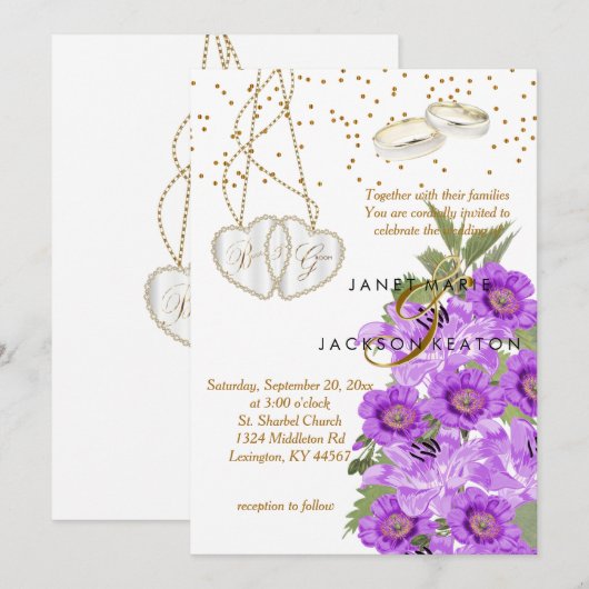 Lavender Paarse Floral Wedding Invitation Kaart (Voorkant / Achterkant)