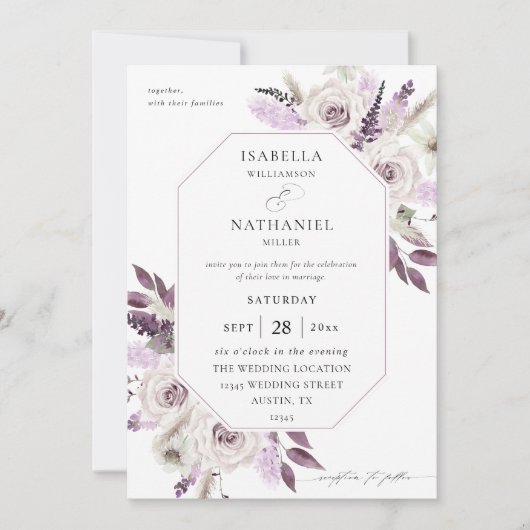 Lavender Paarse Floral Wedding Kaart (Voorkant)