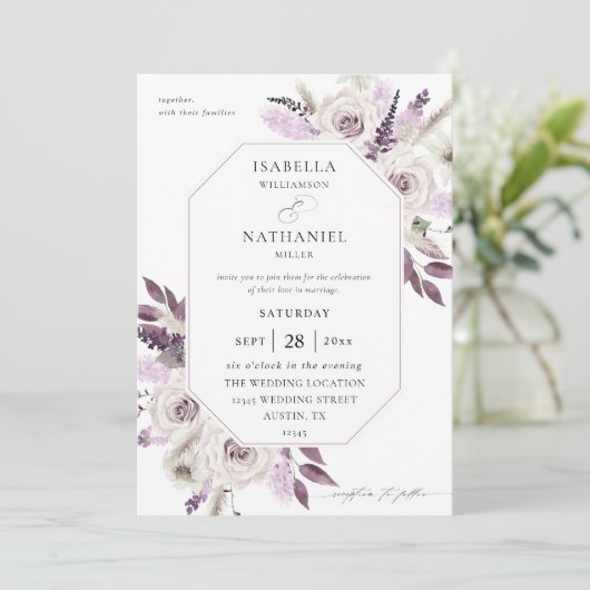 Lavender Paarse Floral Wedding Kaart (Staand voorkant)