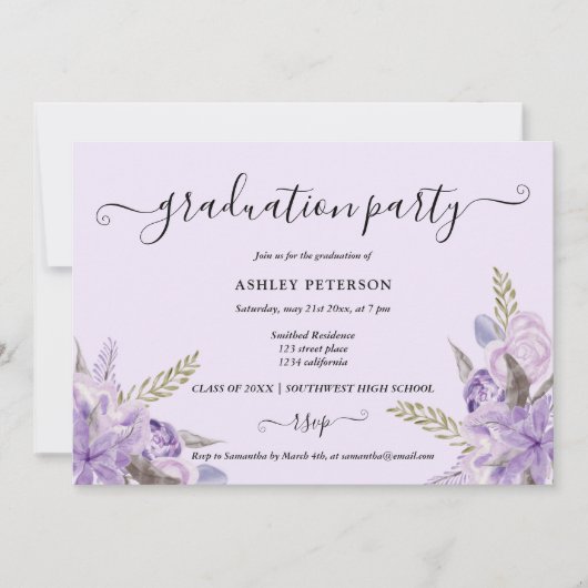 Lavender paarse florale waterverf afstuderen kaart (Voorkant)